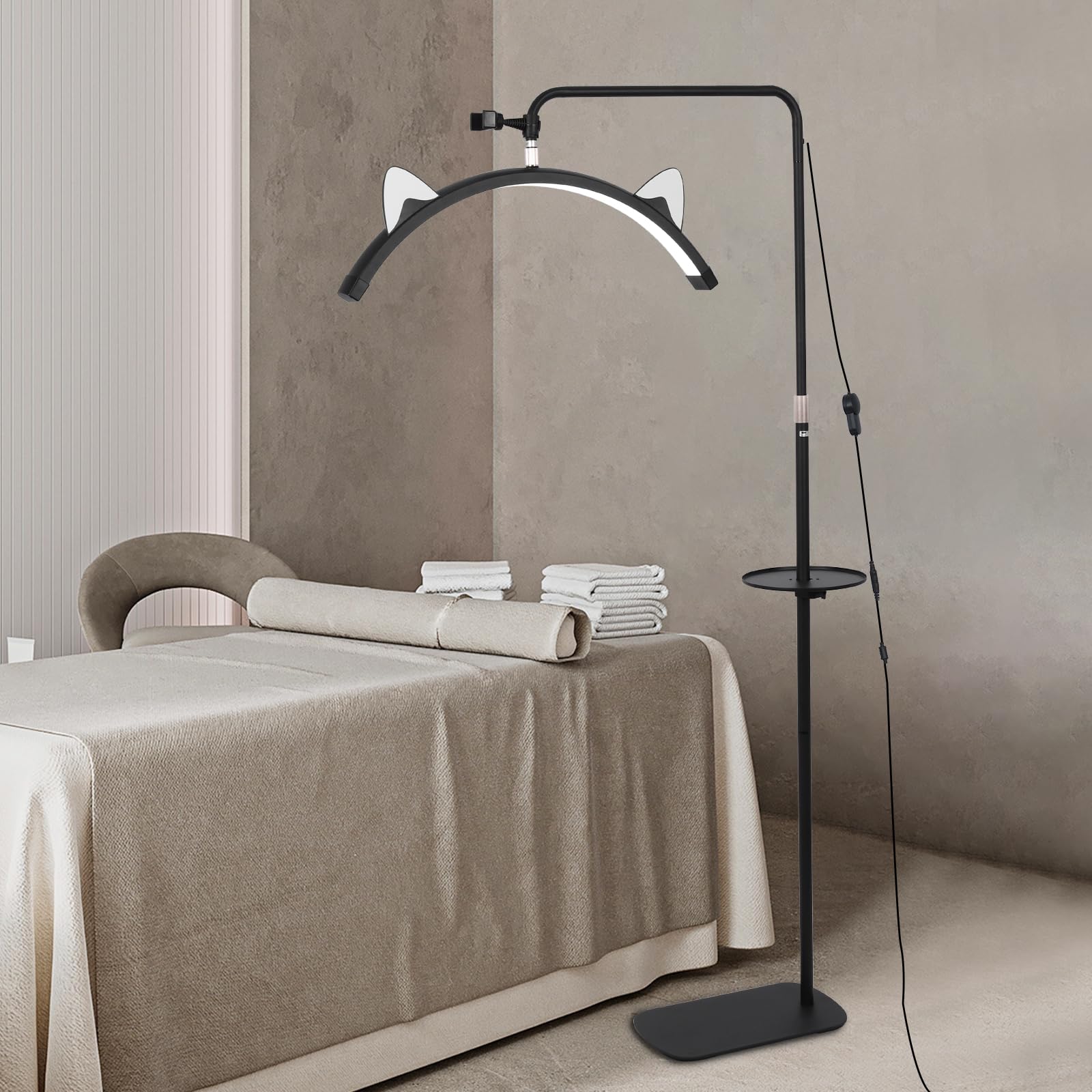 ADISUN Lash Light for Eyelash Tech, Stepless Dimmable Floor Lamp Half Moon Light, Black Lash Lamp with Remote Control, Height Adjustable LED Moon Lights for Facial Tattoo Make-up