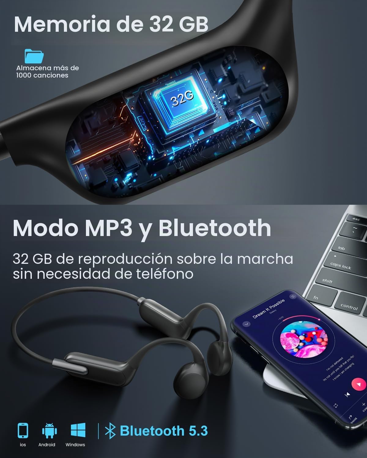HIFI WALKER Auriculares Conduccion Osea MP3 Acuaticos para Natacion Acuático con 32GB, Ipx8, Bluetooth 5.3 Auriculares Deportivos para Natación, Nadar, Ciclismo