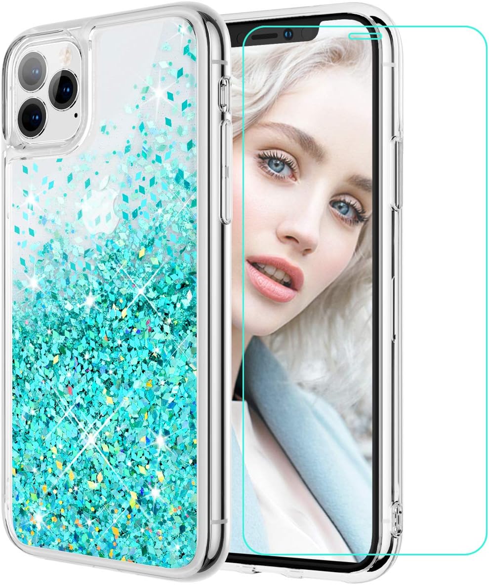 Maxdara Glitter Liquid Case for iPhone 11 Pro Case for Women Girls (Screen Protector) Bling Shiny Sparkle Luxury Pretty Soft TPU Phone Case for iPhone 11 Pro 5.8 inches (Teal)