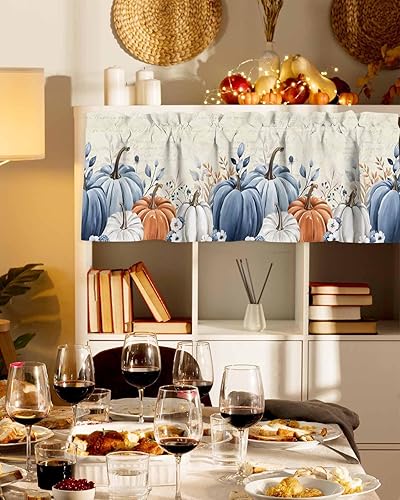 Miniatura 3 de Cenefas de cortina de otoño con diseño de calabazas azules, naranjas y grises, para ventanas y sala de estar, cenefas botánicas de Acción de Gracias