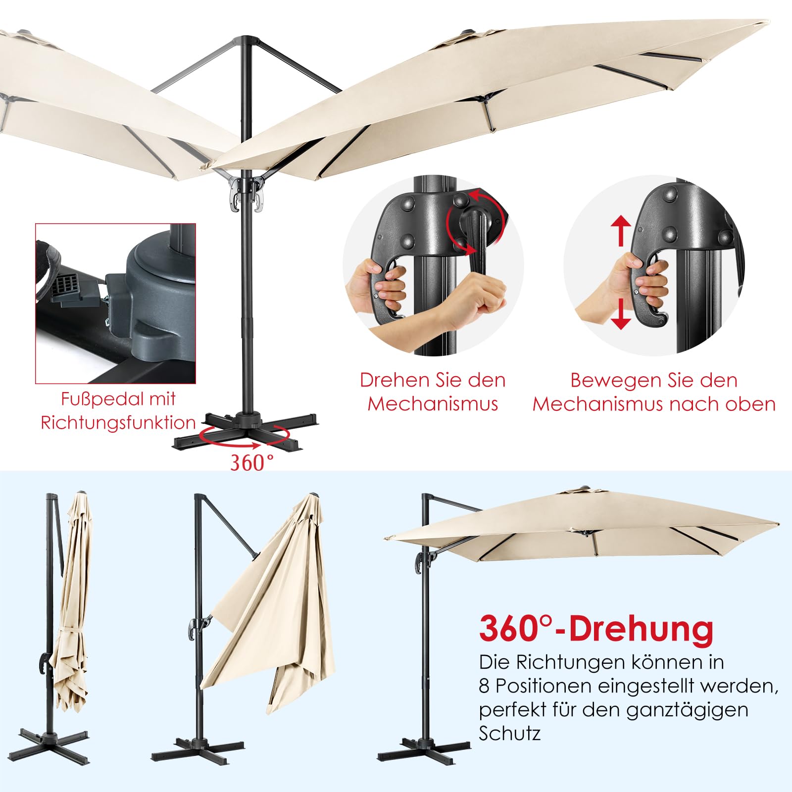 COSTWAY Sonnenschirm 300 x 300 cm quadratisch, Ampelschirm mit Kurbel, Gartenschirm neigbar, 360° drehbar, großer Terrassenschirm, Marktschirm für Gärten, Terrassen, Cafés (Beige)