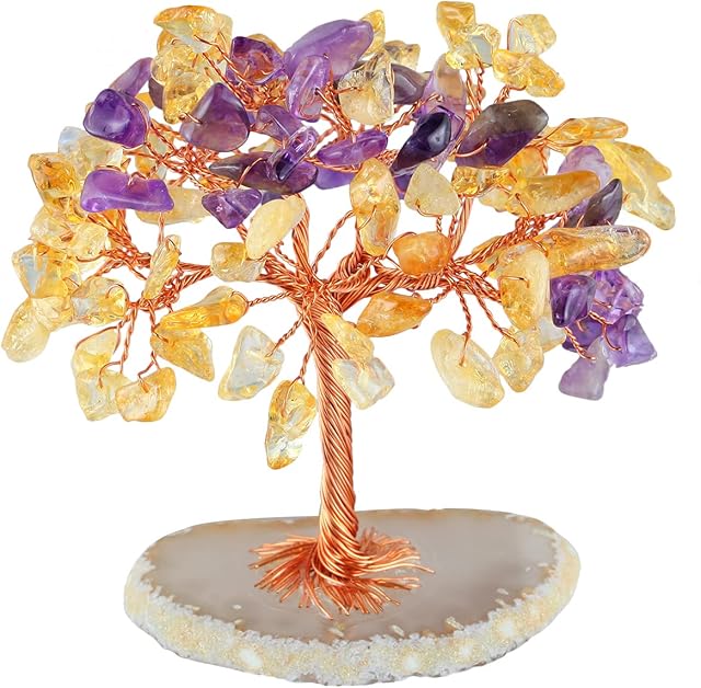 KYEYGWO Handmade Amethyst/Citrine Crystal Money Tree for Good Luck Wealth Health, Figurine Bonsai on Natural Agate Slab 2.3"-3" High