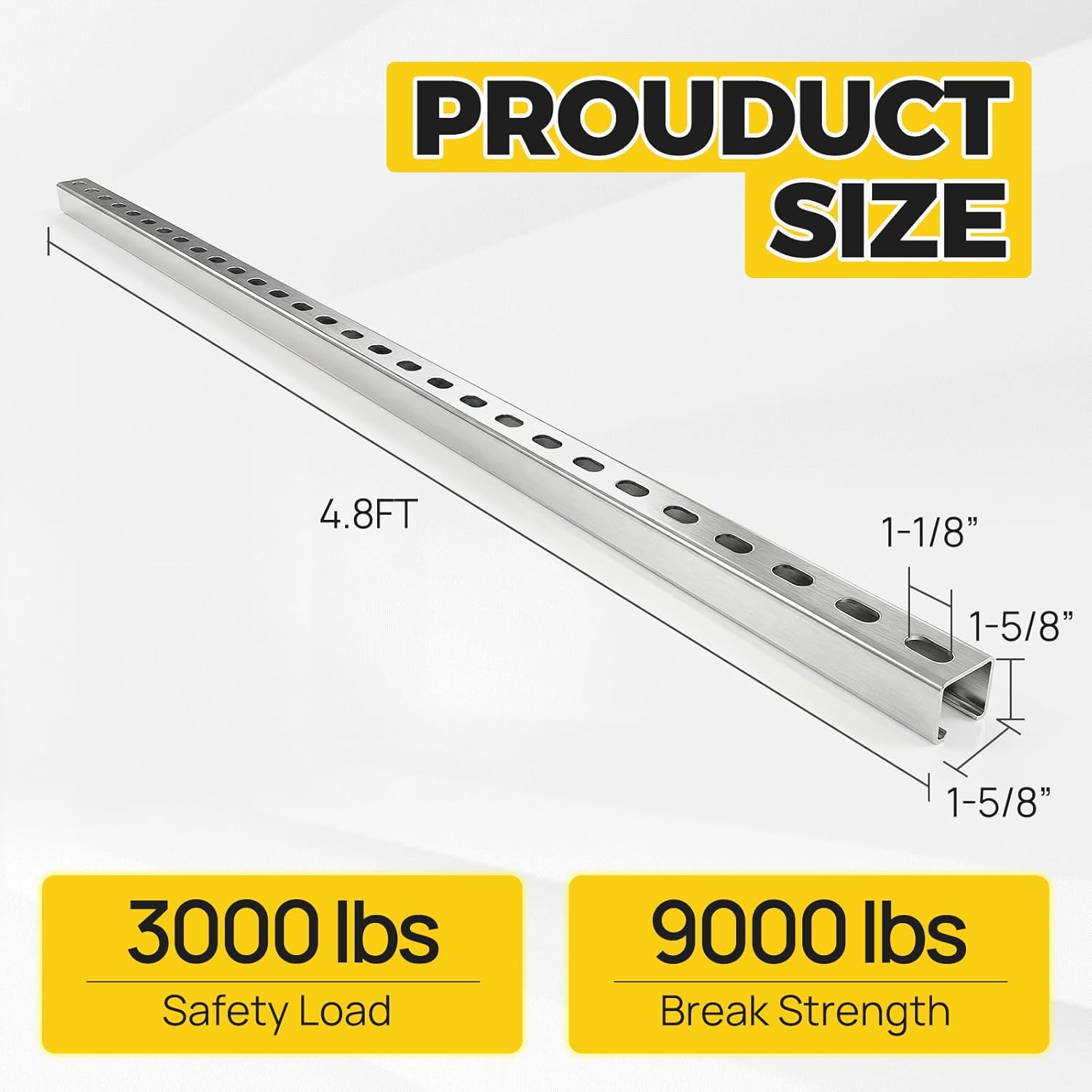 1-5/8" Strut Channel Trolley Track, 4.8 ft (57.5 in), 12 Gauge Metal Steel, Galvanized- High Zinc Coating with Spangle, Heavy-Duty U Channel with Short Slotted Back, Sturdy & Durable, 1 Pack