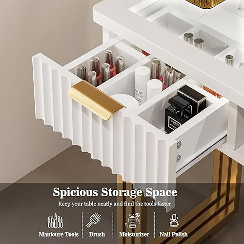 Miniatura 4 de Paddie Mesa de manicura para tecnología de uñas con colector de polvo, estación de escritorio de uñas con 4 cajones y luces LED, estación de trabajo