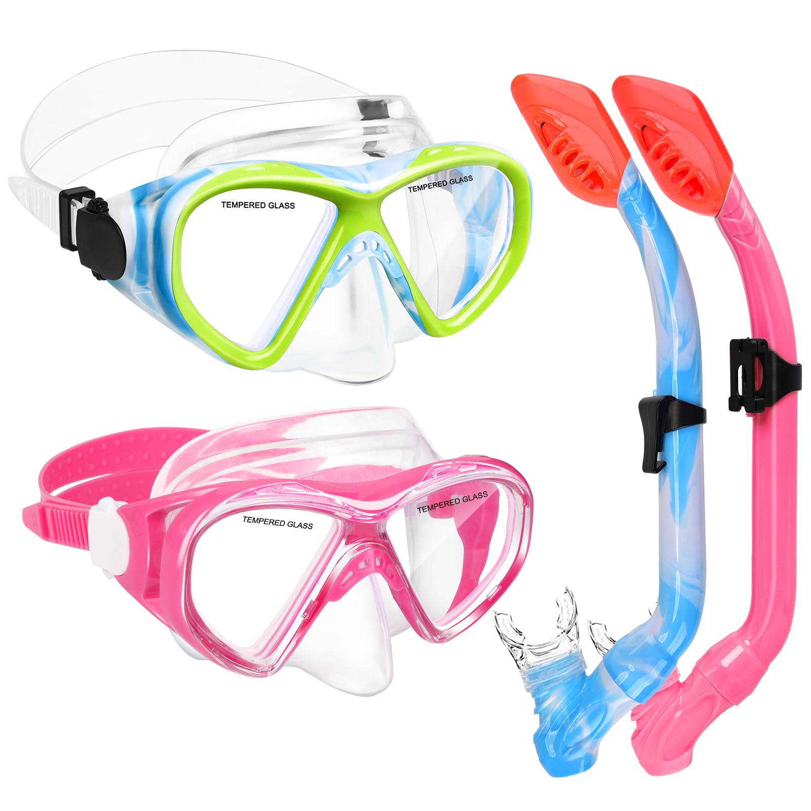 2 Sets Snorkeling Gear for Kids, Snorkel Set for Kids Age 6-14, Dry Top Snorkel Mask Set for Teens Boys Girls Junior Tempered Glass Diving Goggles