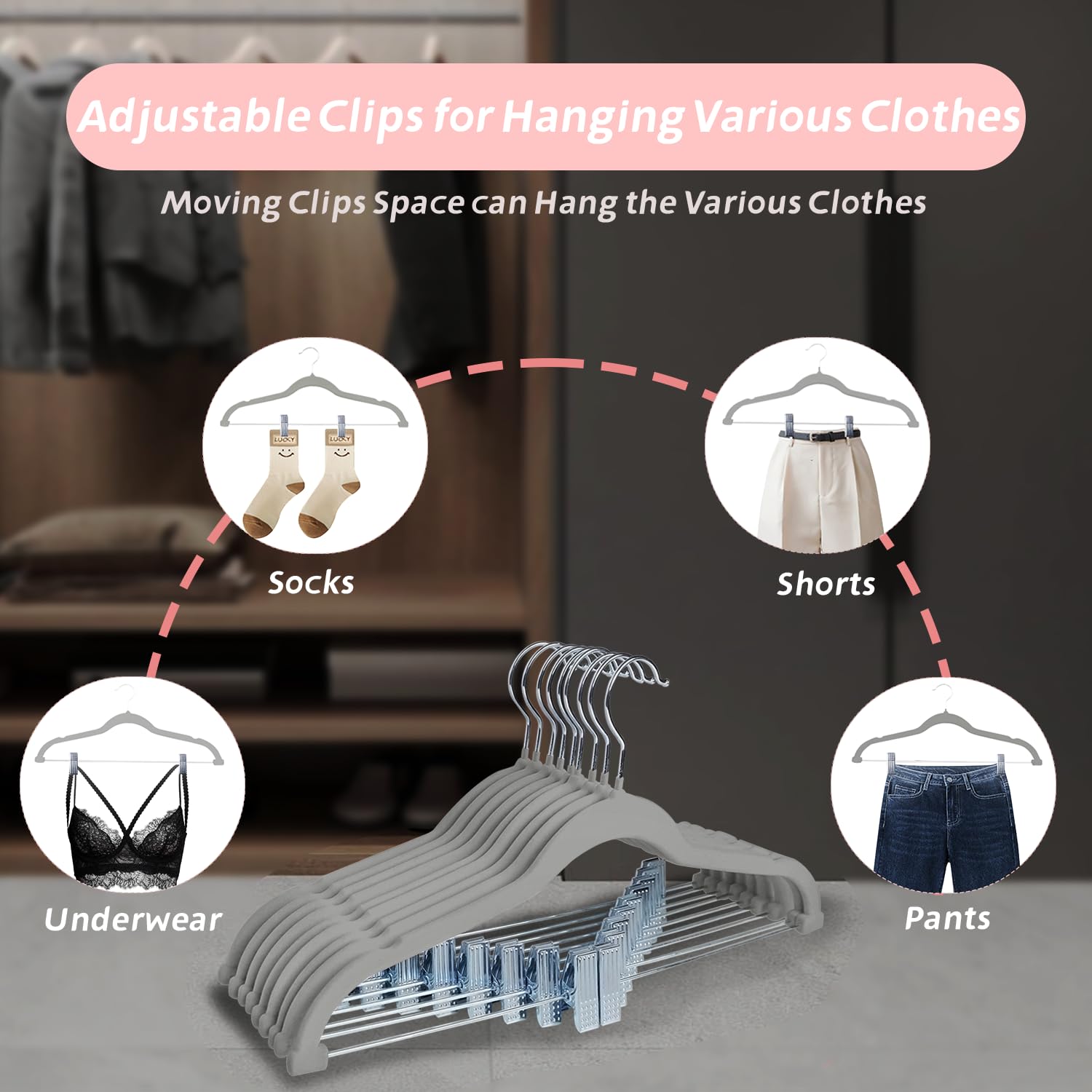 ManGotree Trouser Hangers with Movable Clips, Non-slip Velvet Clothes Hangers, Space-saving Skirt Hangers for Shirts Pants - Image 3