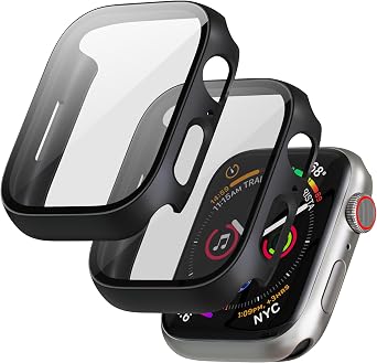 2 Pack Case for Apple Watch Series 9/8/7 Screen Protector Case 41mm, Built-in Tempered Glass Film Full Protection Anti-scratch Hard PC Face Cover for iwatch Series 9/8/7 41mm, Black