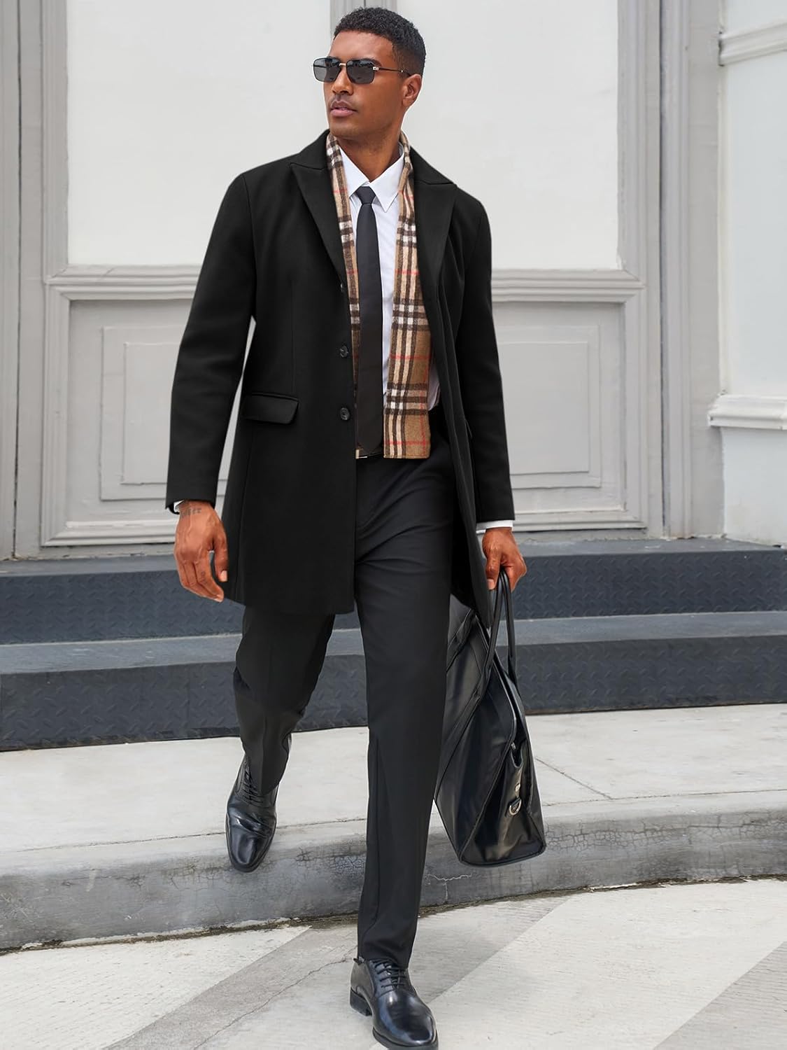 Runcati Men's Pea Coat with Detachable Plaid Scarfs Fall Single Breasted Wool Blend Trench Coat Winter Overcoat - Image 4