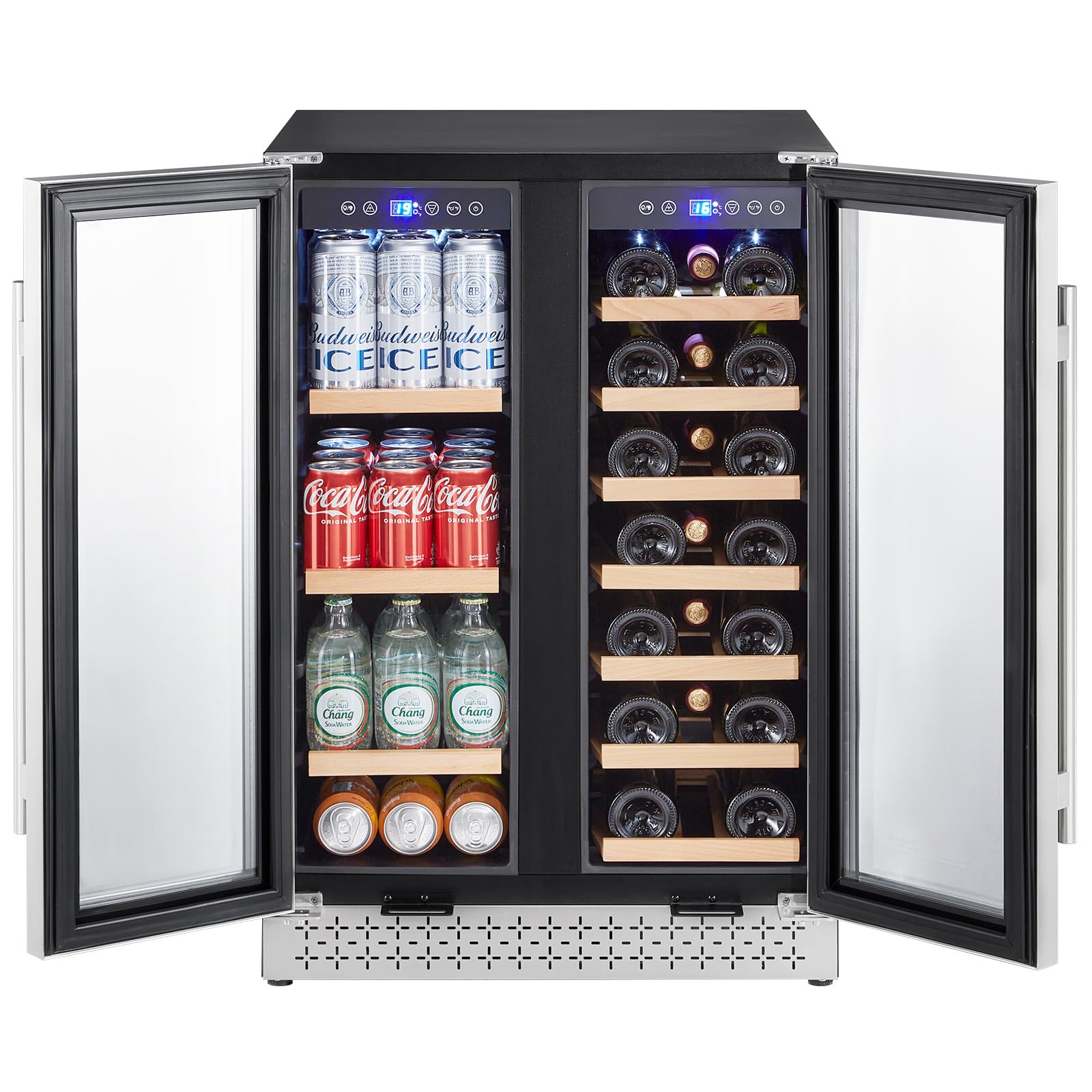 Happybuy 24-Inch Dual Zone Wine and Beverage Refrigerator, Built-in & Freestanding Fridge with Glass Doors, Adjustable Shelves, Digital Temperature Control, Holds 64 Cans and 20 Bottles | Fridge.com