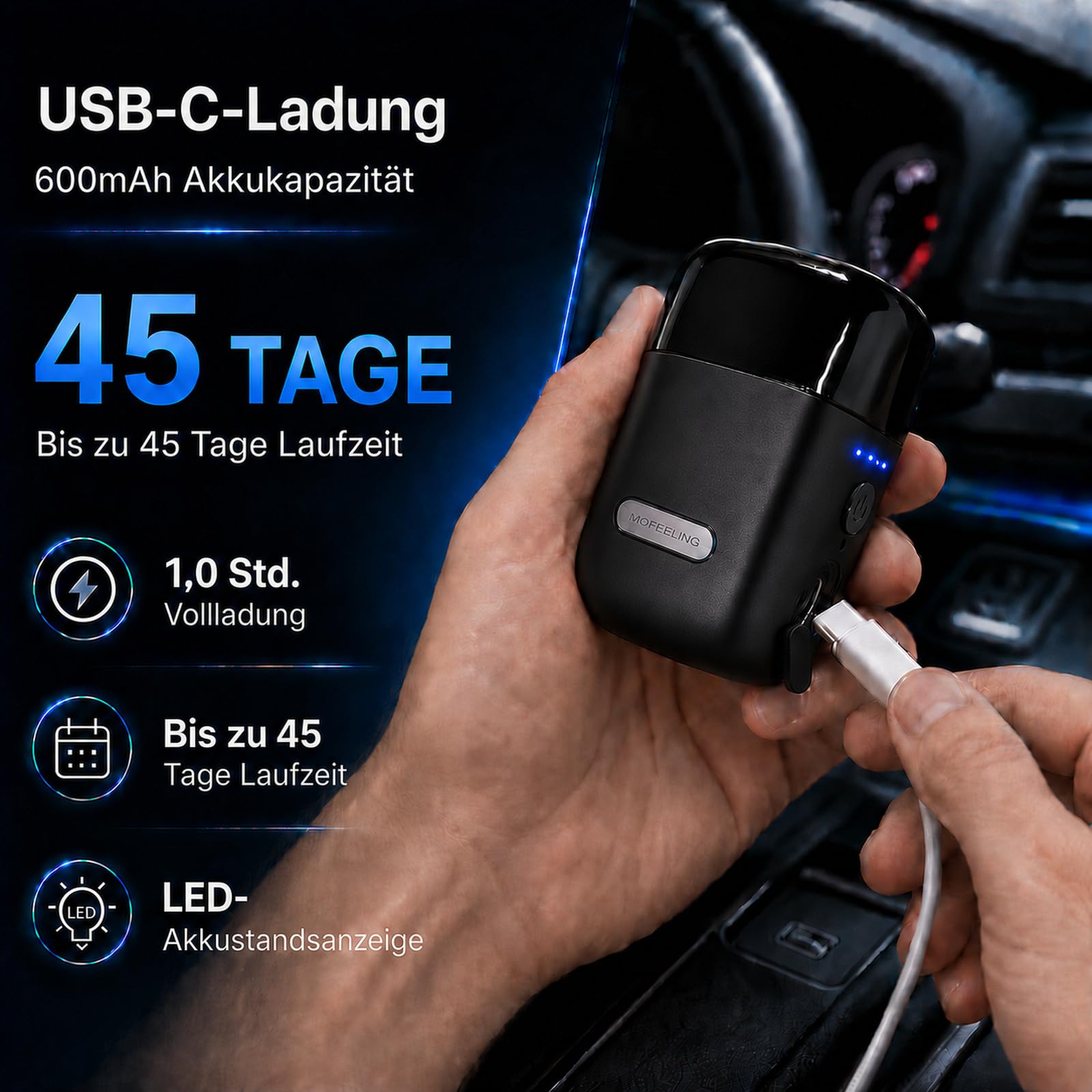 Rasierer Herren Elektrisch Mit 3 Flexiblen Klingen, Elektrorasierer Herren Mit 8,000 RPM & IPX7 Wasserdicht, USB-C Wiederaufladbar Trimmer für Männer, Kabellos Mit Reisesperre