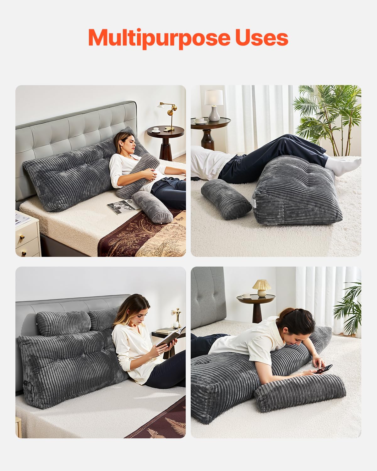 VEVOR Cuscino per Testiera, Cuscino a Cuneo Queen Size da Letto con 2 Tasche Laterali 2 Poggiatesta, Supporto a Cuneo per Letto Tessuto di Flanella Lavabile, Supporto Lombare per Leggere, Riposare