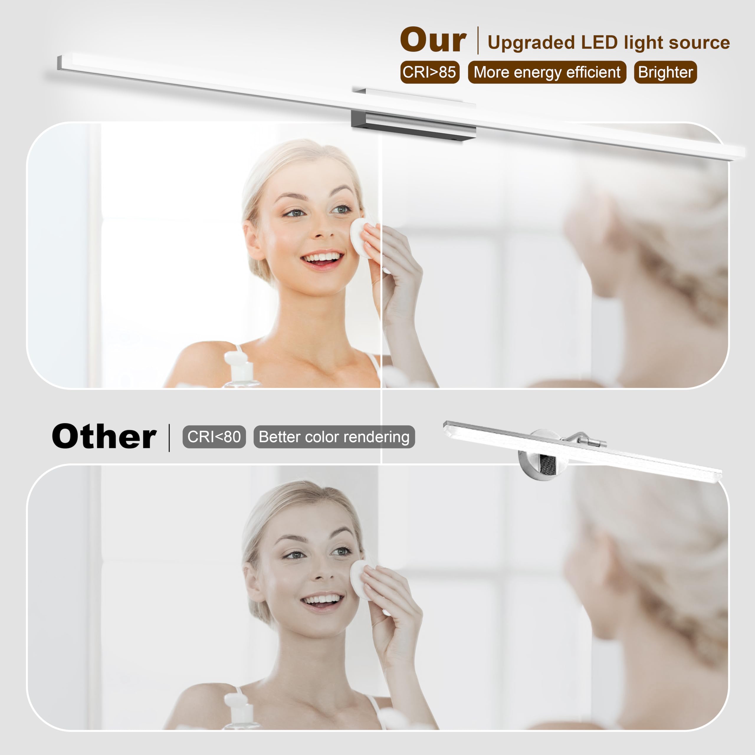 Aplique Espejo Baño LED 120cm/24W IP44 Blanco Frío 6000K Luz Espejo Baño | Base De Acero Inoxidable, Pantalla Acrílica, CRI>85, Driver LED Estable, Sin Parpadeo, Diseño Moderno Lámpara Espejo Baño
