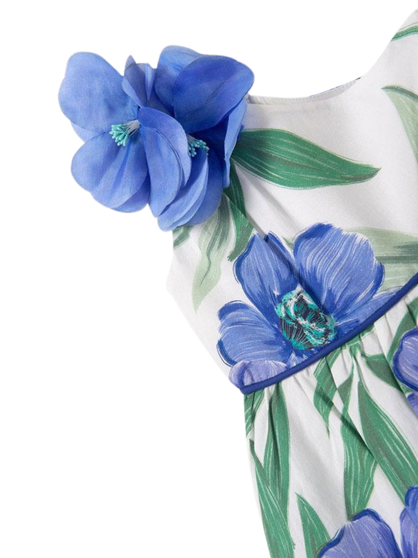 ABEL & Lula Leinenkleid mit Blumendruck für Mädchen. Asymmetrische Ärmel mit Blumenapplikation an der Schulter. Kontrastfarbener Kordelzug an der Taille. Reißverschluss hinten.