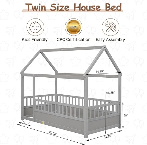 Miniatura 9 de Cama de suelo individual Montessori con barandillas de seguridad y puerta, marco de madera para niños y niñas, fácil montaje (gris)