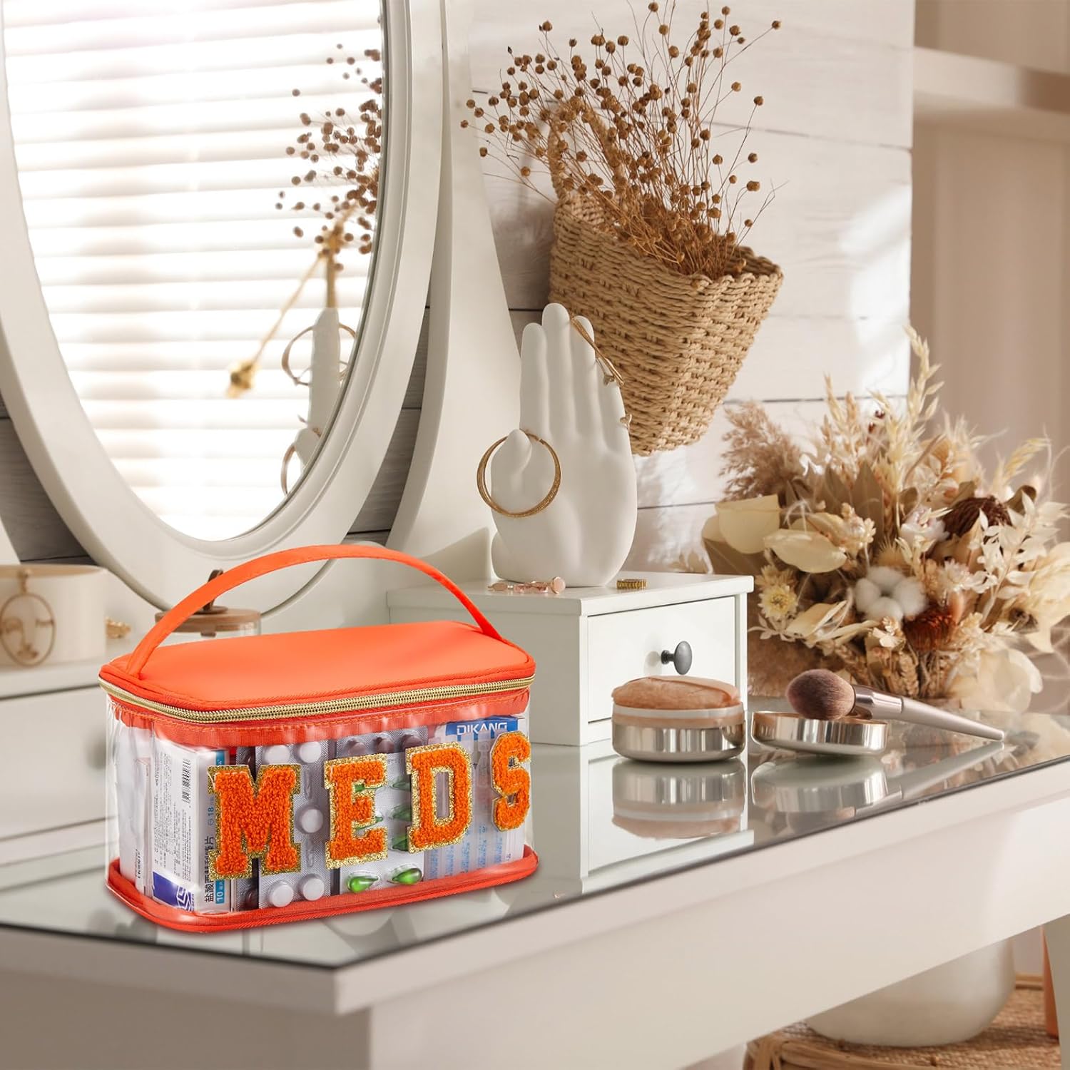 Geetery Chenille Letter Bag, Meds Cheer Travel Cases Cheerleader Gifts Cosmetic Bag Nylon Makeup Portable Preppy Patch with Zipper Toiletry Storage Case for Women(Orange,Meds) - Image 7