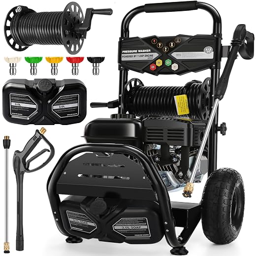 Professional 4200PSI 4GPM 212CC Gas Pressure Washer, 7.0HP Heavy-Duty 3600RPM Commercial Gas Power Washer with 10" Wheels 3000ML Foam Bottle 5 Nozzles 33FT Hose Reel (EPA/CARB/ETL Compliant), GBlack