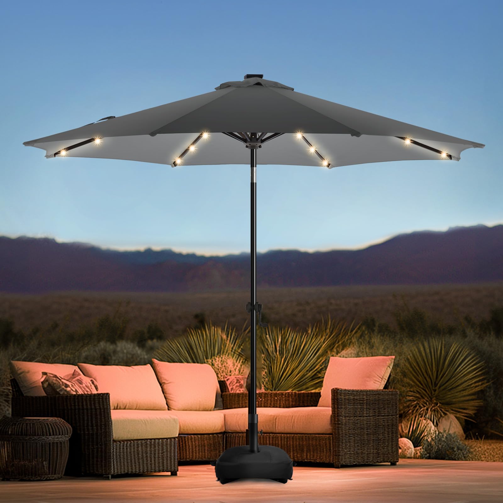 wikiwiki 9ft solar led patio umbrella with base included, 32 led lights, 8 sturdy ribs, fade resistant waterproof polyester dty canopy for garden, lawn, deck, backyard & pool, dark gray