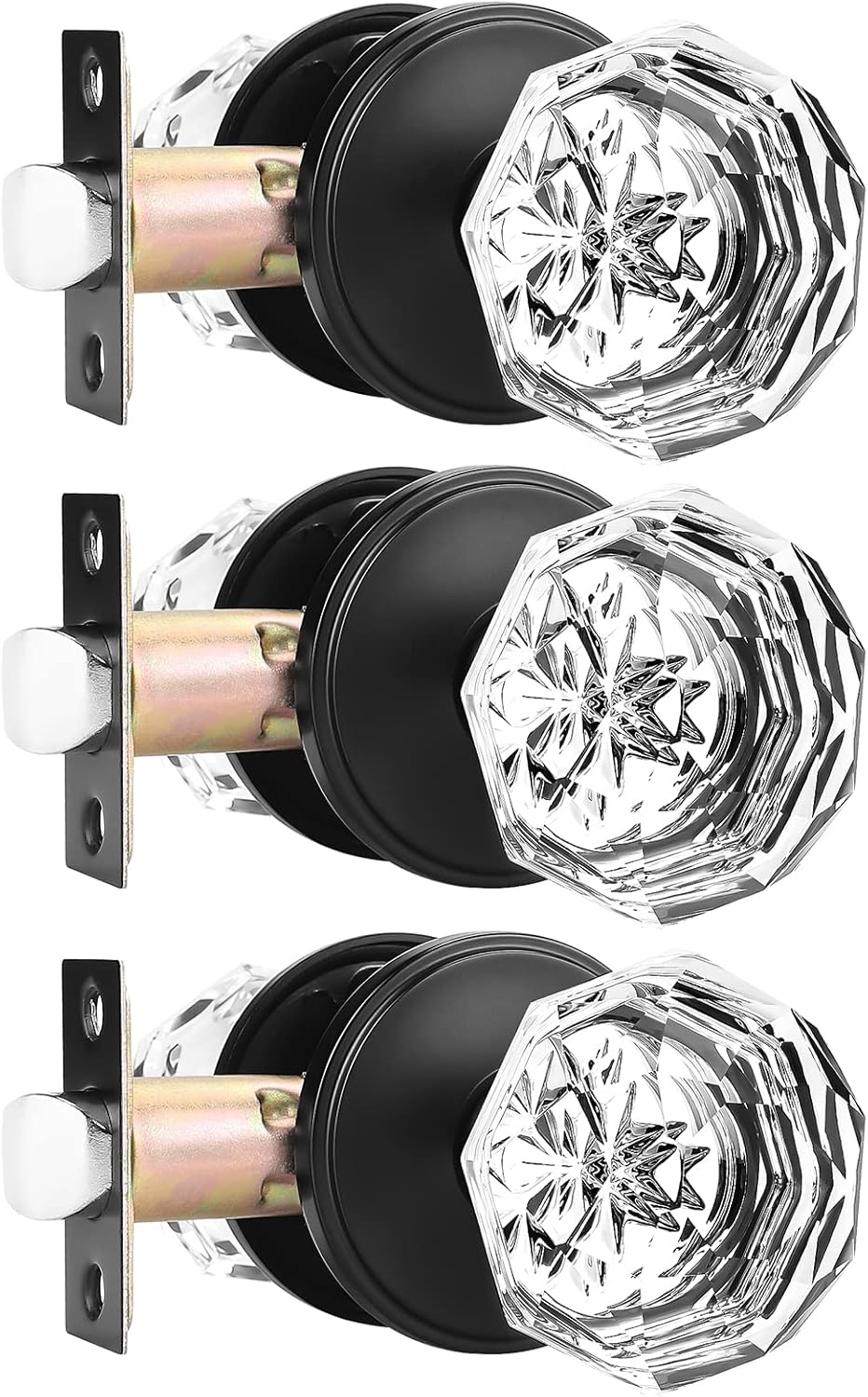 Orger 5 Pack Glass Door Knobs with Flat Black Rosette, Bath/Bed Door Knobs for Privacy Use, Keyless Interior Door Handles with Diamond Shape Crystal Glass and Zinc Alloy Base