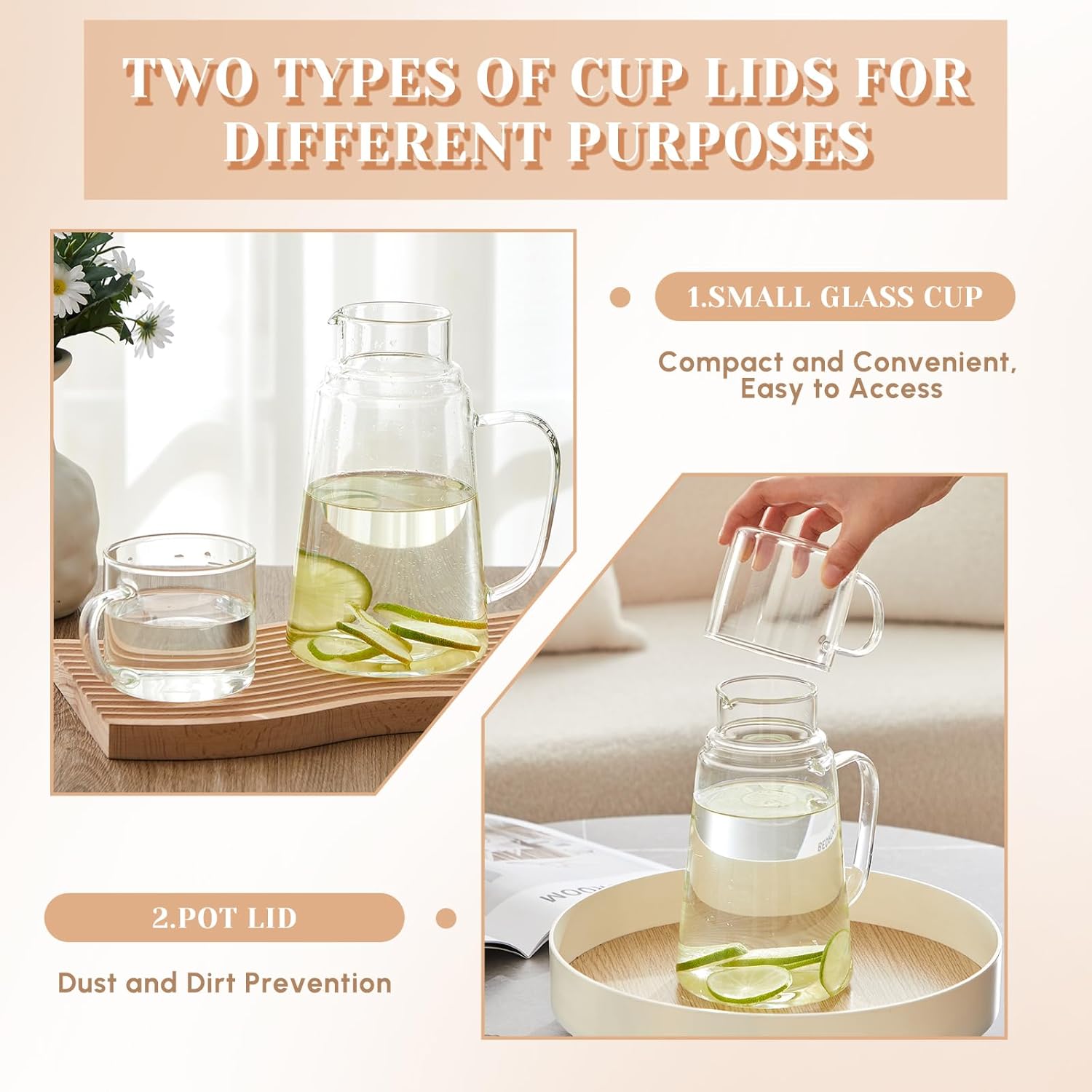 2 Set Large Bedside Water Carafe and Glass Set 50oz/1. 5l with Tumbler and Handle Nightstand Carafe Pitcher and Water Glass Tumbler, Heat Resistant, for Bedroom - Image 4