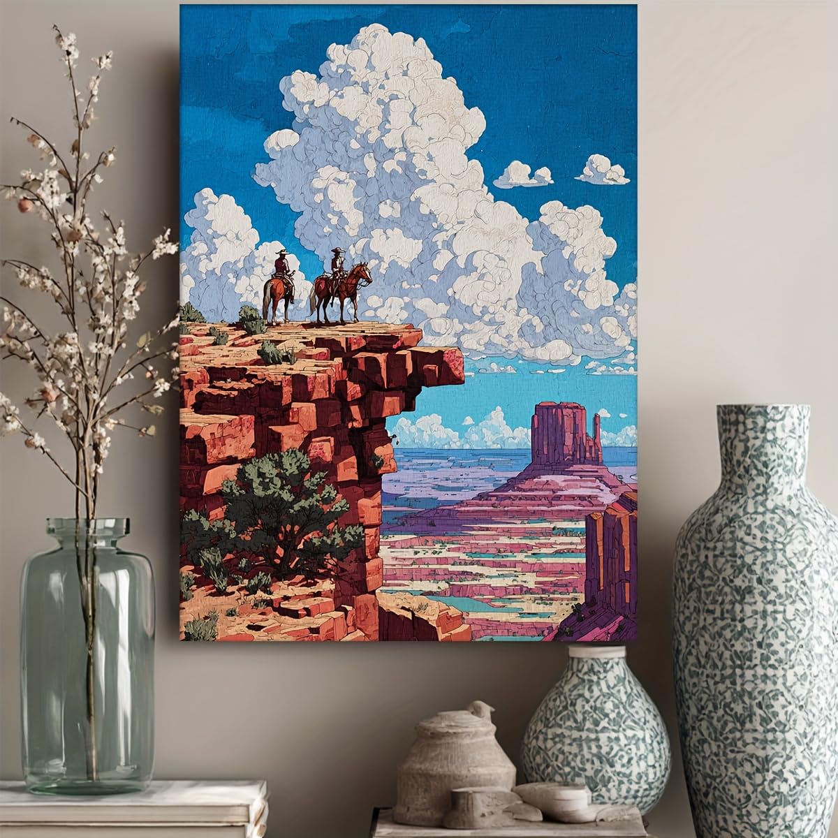 LYBCEOUG Desert Cowboy Wall Art, Retro Comic Western Landscape Canvas Print (30x40cm/Unframed)