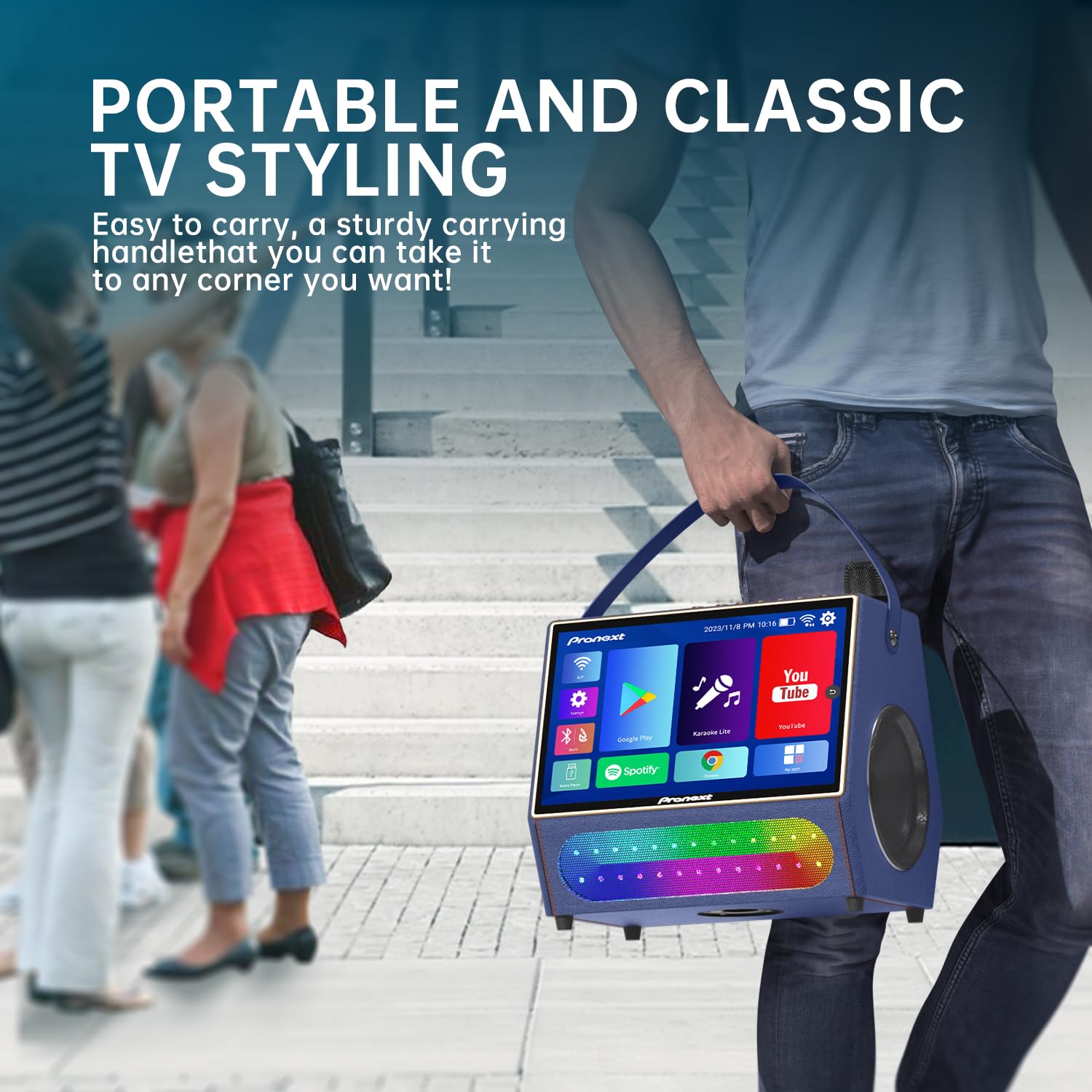 PRONEXT Macchina per karaoke con schermo di visualizzazione testi per adulti, altoparlante Bluetooth con 2 microfoni UHF ricaricabili, tablet da 14 pollici, potenza di picco 800 W, luci DJ, sistema