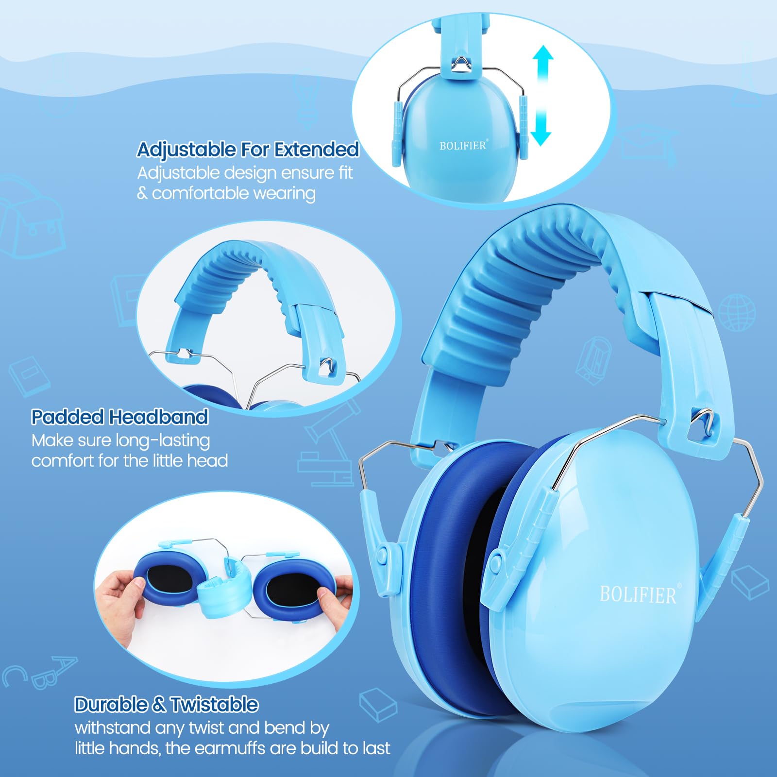 BOLIFIER Kids Ear Defenders for Children,Blue Safety Earmuffs Ear Protectors Noise Reduction Headphone Ear Protection Earmuffs for Boys Girls - Image 4