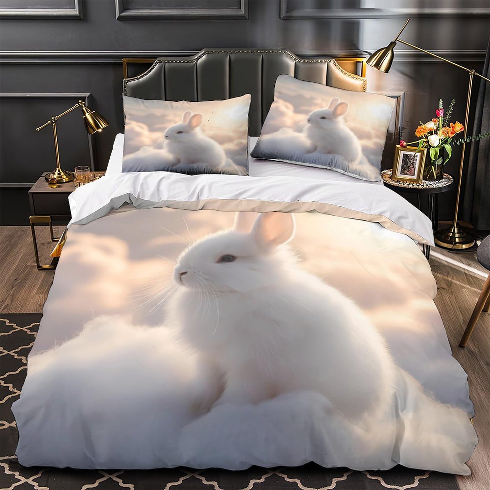 Cute Bunny Quilt Cover 3D Design Printed Premium 3 Pieces Bed Linen Zipper Closure whimsical Fantasy Comforter Cover Soft Easy Care for Kids Youth Teenagers Adults Women Girls Single（140x200cm）