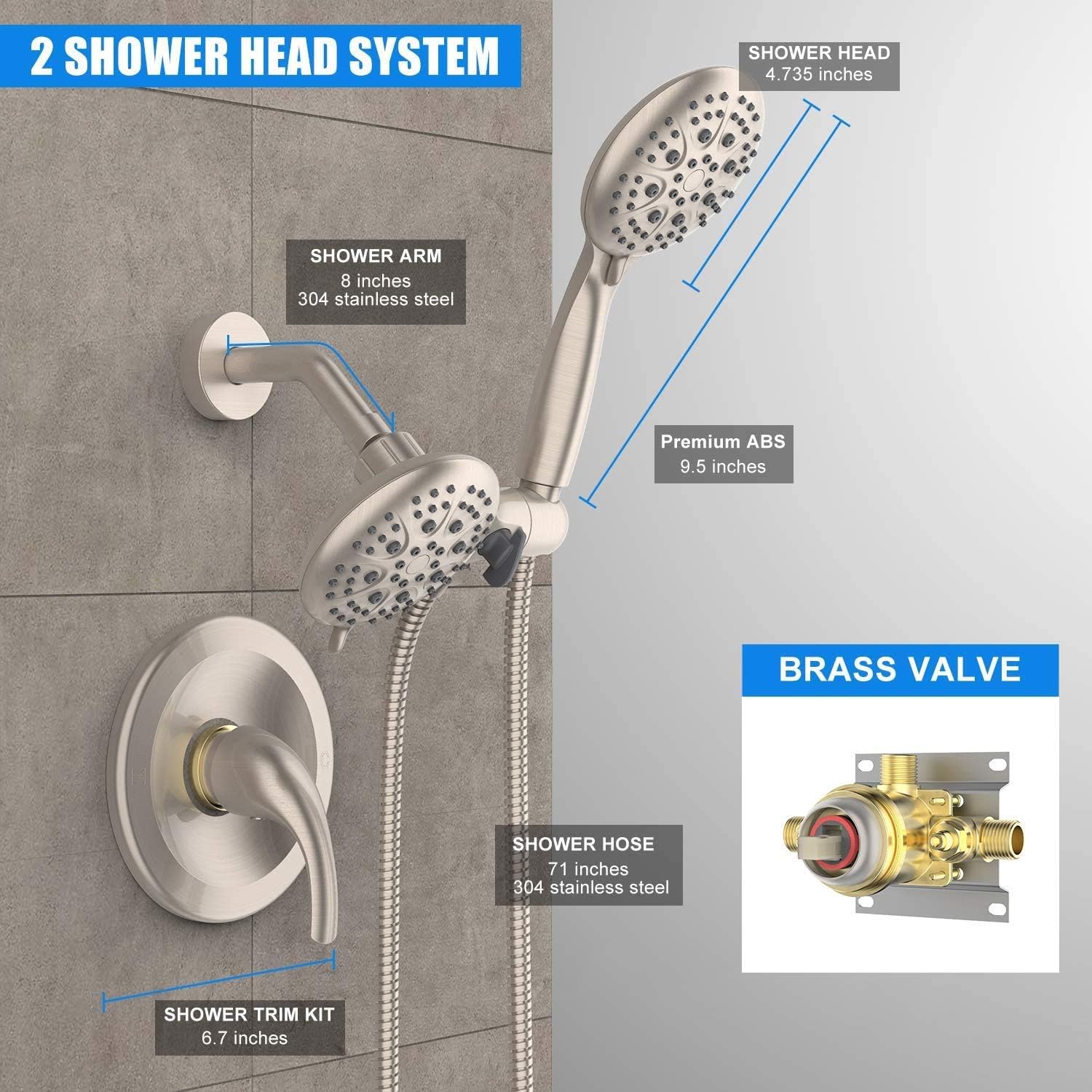SR SUN RISE Shower Faucets Sets Complete（BND1003) AND Dual 2 in 1 Shower Faucet with Valve(SPC2) Brushed Nickel