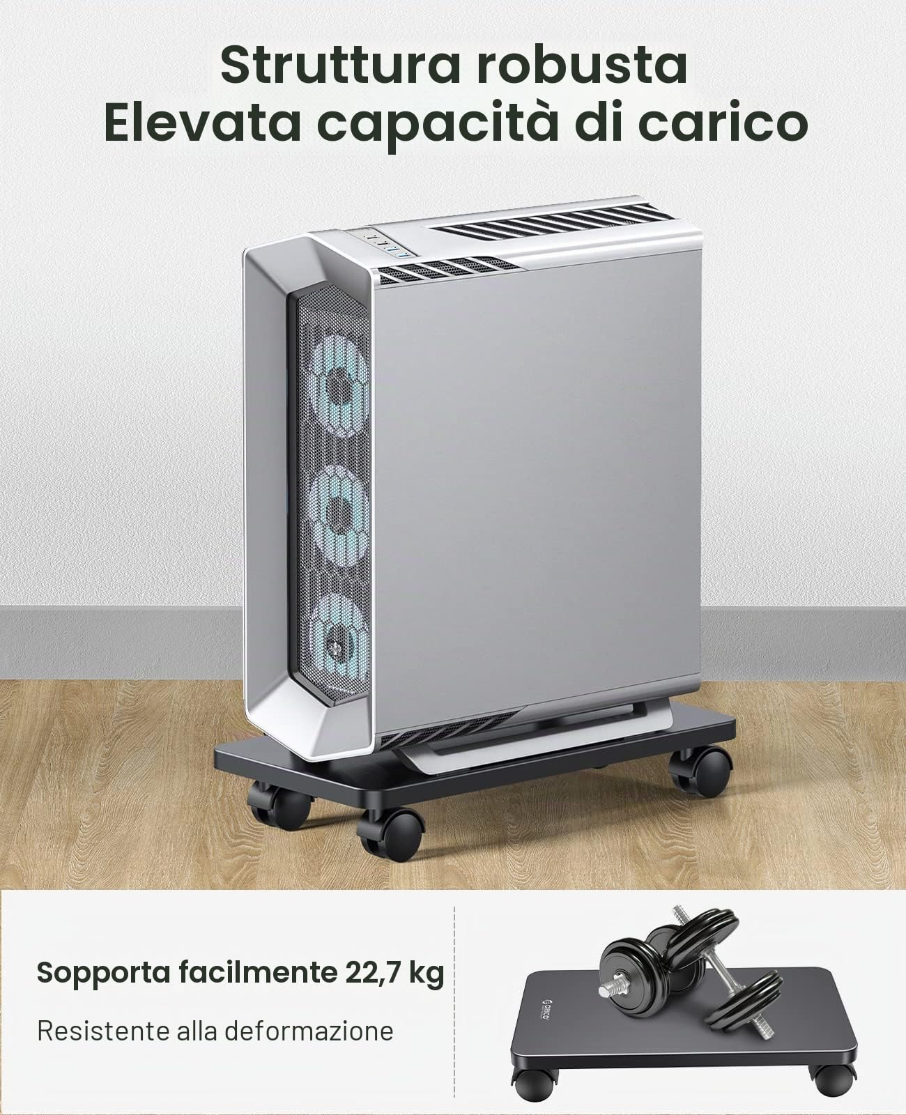 ORICO Supporto PC Portatile in Acciaio, con 2 Ruote di Bloccaggio e 2 Ruote Girevoli, in Acciaio, per Computer Desktop Tower (Nero, 41 x 21,3 x 2 cm)