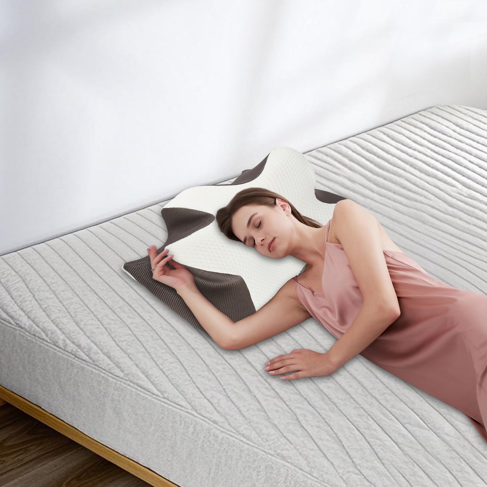 OHMG - Almohada ergonómica para dormir en el lado y en la espalda, cojín ortopédico de memoria ajustable 2 en 1, 58 x 37 x 14 cm (2P)