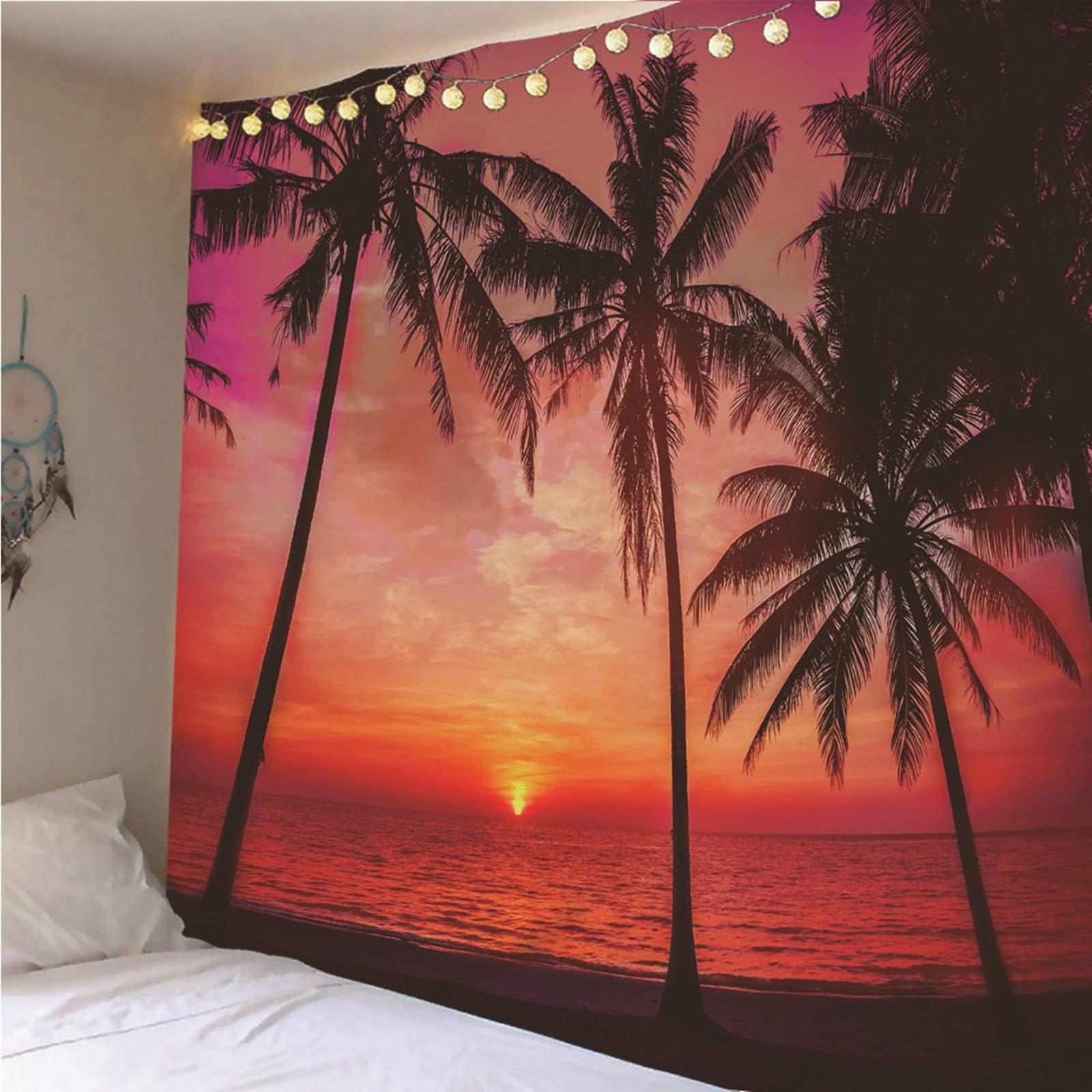Aeici Tela Pared Playa, Tapiz Techo Tapiz Árbol de Coco de Sunset Beach- Naranja Negro, 300x260CM