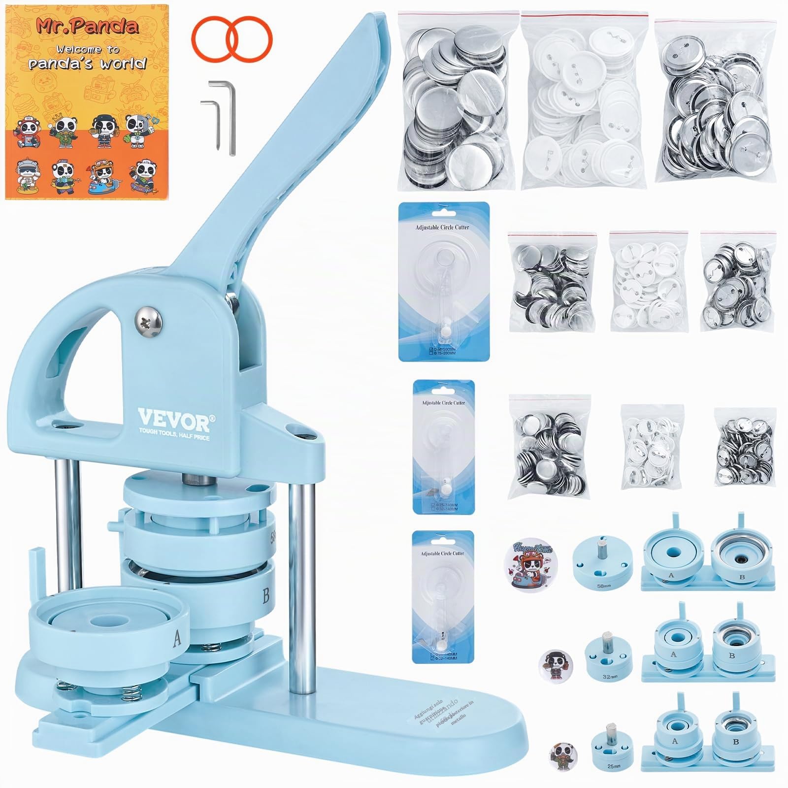 VEVOR Button Maker, 1/1.25/2.3 "(25/32/58mm) 3-in-1 Pin Maker, 300pcs Button Maker, macchina per la creazione di bottoni con libro magico panda, kit di punzonatura ergonomica con manico ad arco, per