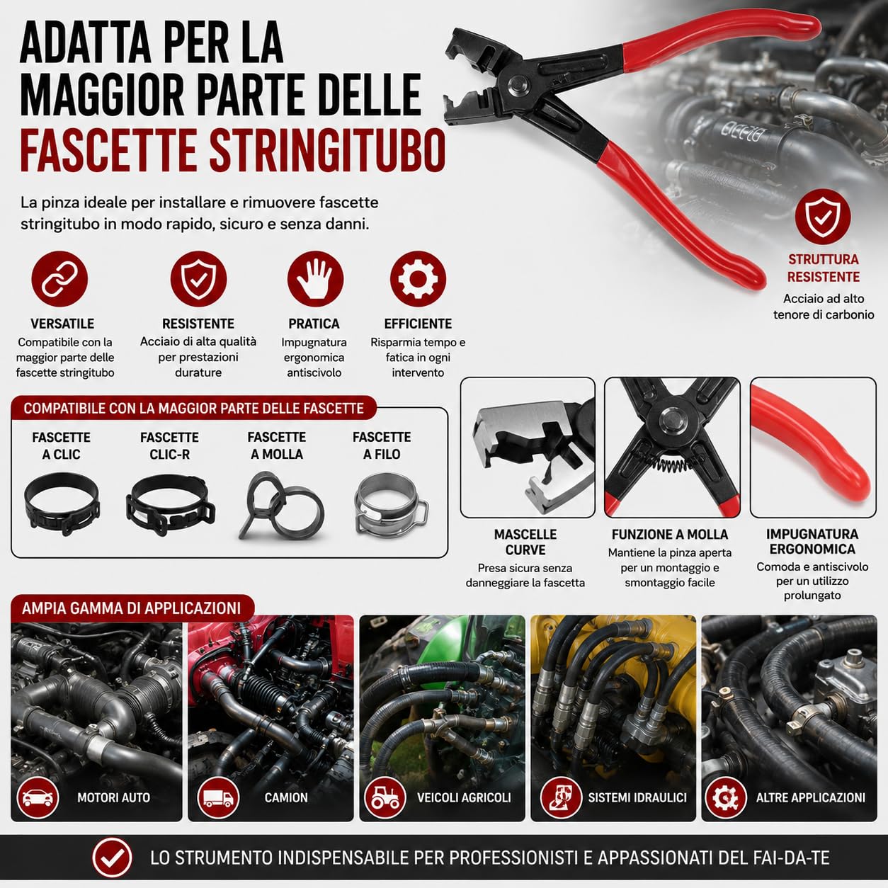 Pinza per Fascette Stringitubo Clic-R, 17 cm – Pinze Angolari Professionali in Acciaio, Impugnatura Antiscivolo, per Riparazioni Auto, Tubi Carburante, Manutenzione Meccanica
