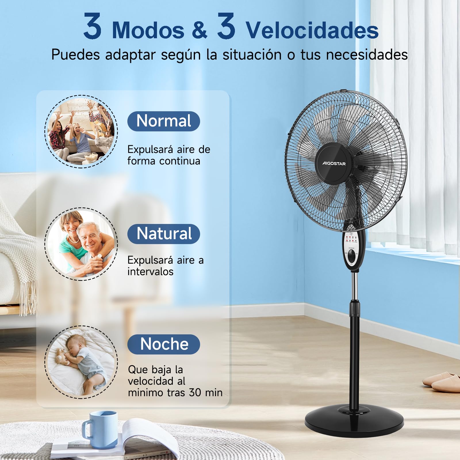 Aigostar Ventilador de Pie Silencioso, 9 Aspas, Mando a Distancia, 3 Velocidades, 3 Modos, Temporizador 7,5 Horas, Oscilante 80º, Ventilador de Altura Ajustable, Base Antideslizante, 35 m2, 55 W, Carr