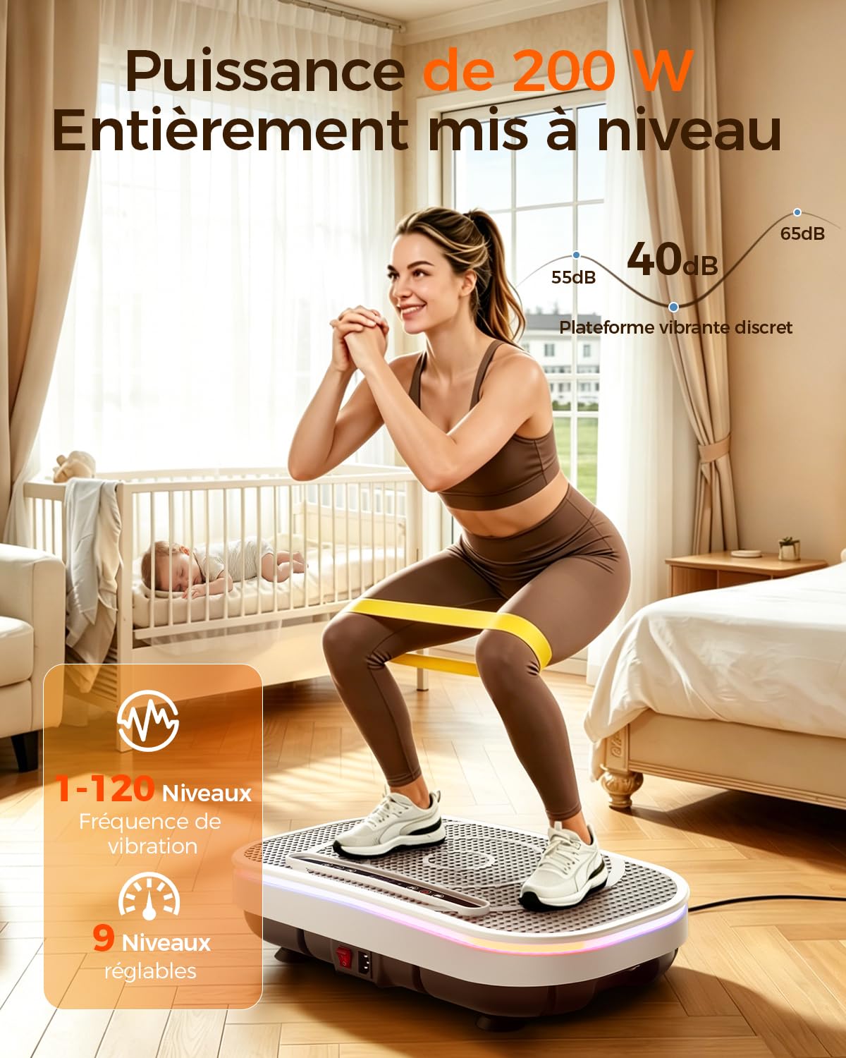 Plateforme Vibrante, Plaque Vibration Plate Fitness Équipement Sport Maison Entraînement Musculation, avec 4 Bandes de Résistance 120 Niveaux d'Intensité Haut Parleur Bluetooth