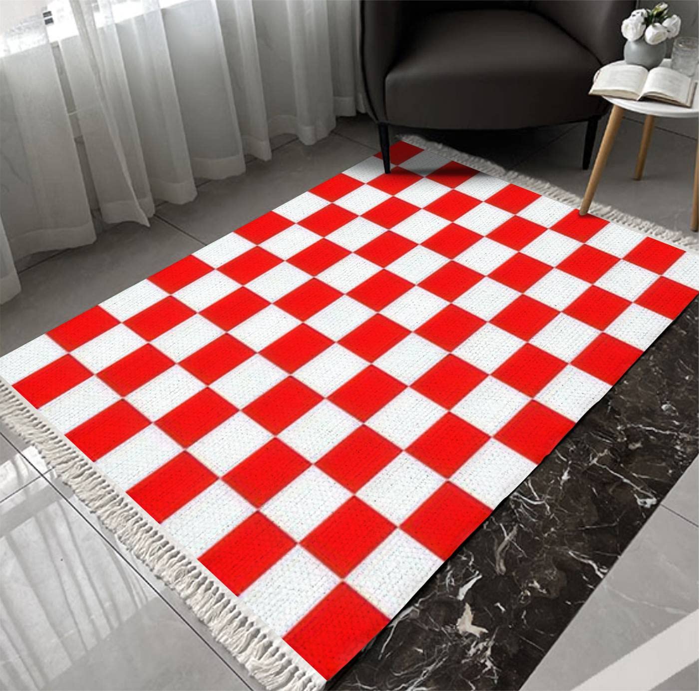 Alfombra De Pasillo 90x500 Cm - Antideslizante, A Rayas, Lavable, Para Interior Y Exterior | Color Rojo, Material Polipropileno