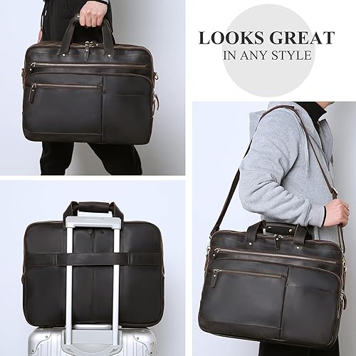 Miniatura 6 de Bolso de mensajero de cuero para hombre, maletín para portátil de cuero de grano completo vintage de 17.3 pulgadas