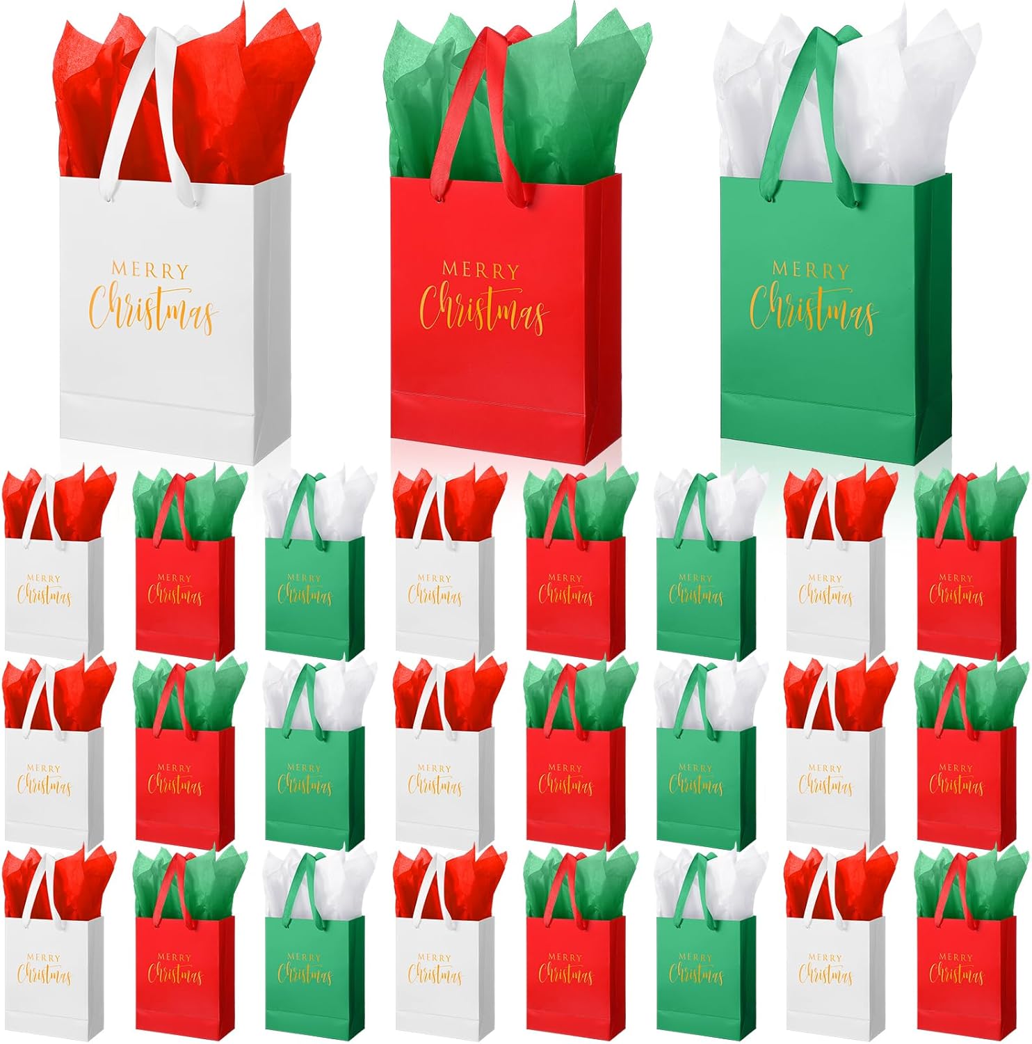 Nezyo 24 Pcs Christmas Gift Bags with 24 Tissue Paper Merry Christmas Party Favor Bags, Thick Cardboard, 7.09 x 9.06 Inch, with Handle Red Green White Candy Totes for Xmas Winter Party Favor Supplies