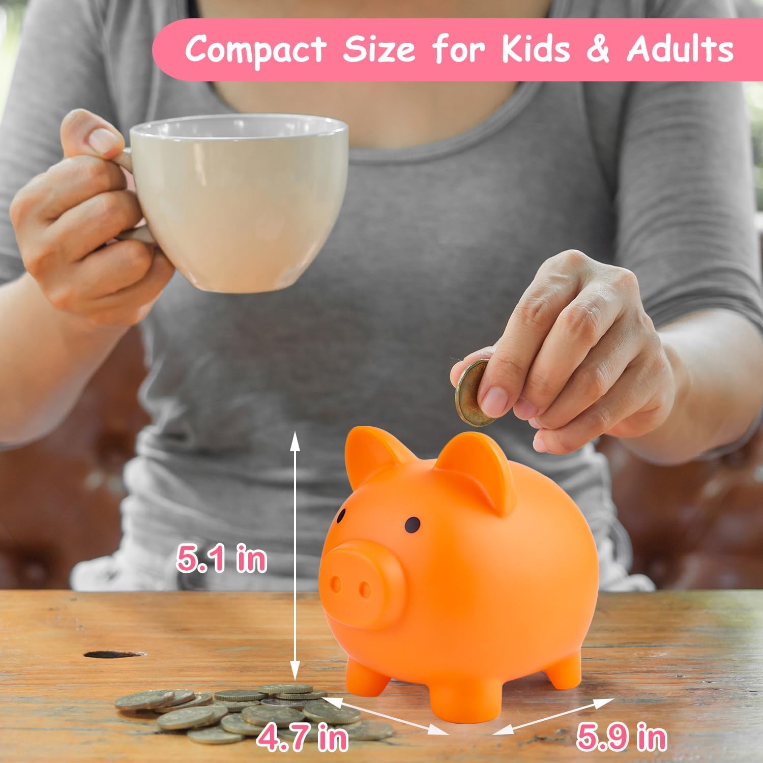 PJDRLLC Piggy Bank, Unbreakable Plastic Money Bank, Coin Bank for Girls and Boys, Medium Size Piggy Banks, Practical Gifts for Birthday, Easter, Christmas (Orange) image 4