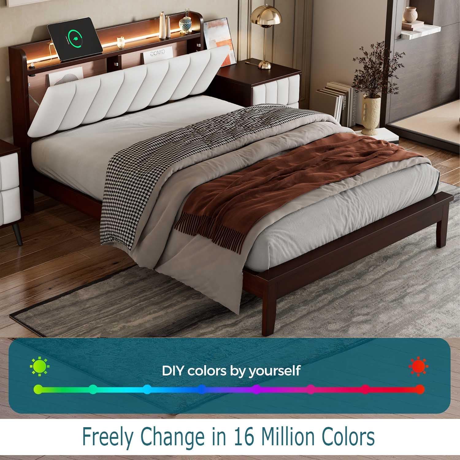 Queen Bed Frame with Storage Headboard and USB Charging Station, LED Platform Bed Frame with Shelf, Heavy Duty Upholstered Camas, Wood Slats Support,No Box Spring Needed,Easy Assembly, Walnut