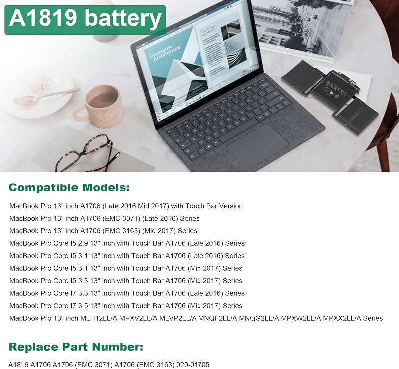 ASUNCELL A1706 A1819 Laptop Akkumulátor MacBook Pro 13" Touch Bar (2016-2017) Modellekhez - 49.2Wh, 11.4V, 6 Cellás Csereakku