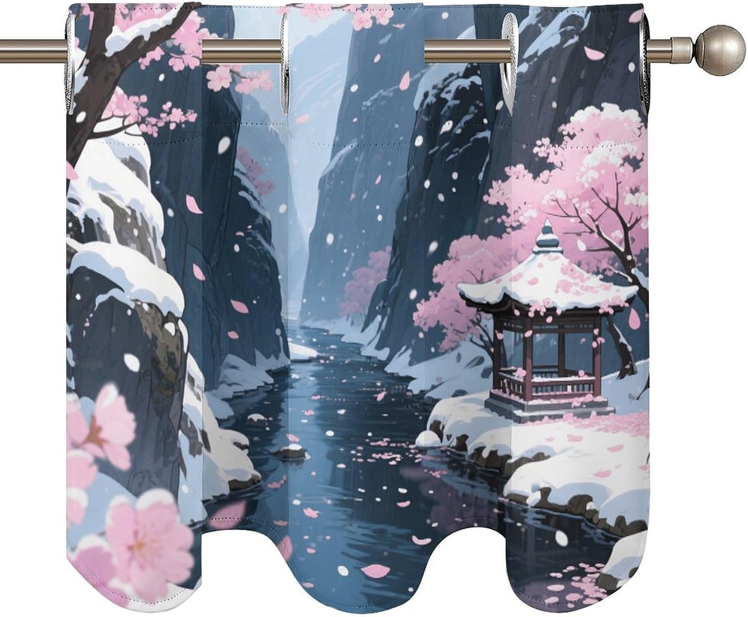Cherry Blossom Snowy Valley Curtain 2 Panels, Polyester Fiber, Blackout Insulated Window Curtain, Curtain Valance for Kitchen Dining Room Living Room Cafe Small Window 52 * 18.1 Inches