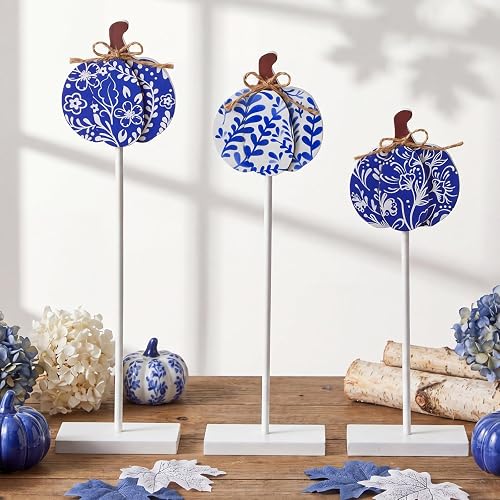 Kathfly 3 Pcs Fall Pumpkin Decor Wooden Signs Blue White