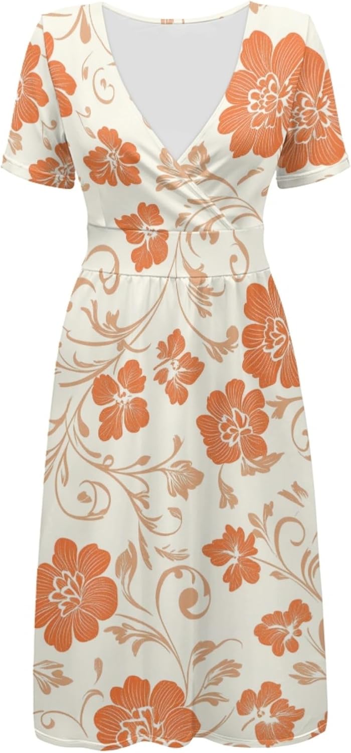 Women 2025 Floral Print Dresses Short Sleeve V Neck Empire Waist Mini Casual Dress Swing Flowy Sun Dress - Image 3