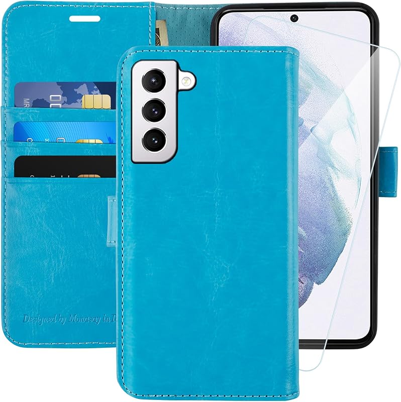 Wallet Case for Samsung S22+ Plus with 3 Card Holders - Light Blue | Kickstand,RFID Blocking,6.6 feet of shock absorption,PU Leather,Strong Magnetic Closure,Fits 6.6 inch ONLY,screen Protector