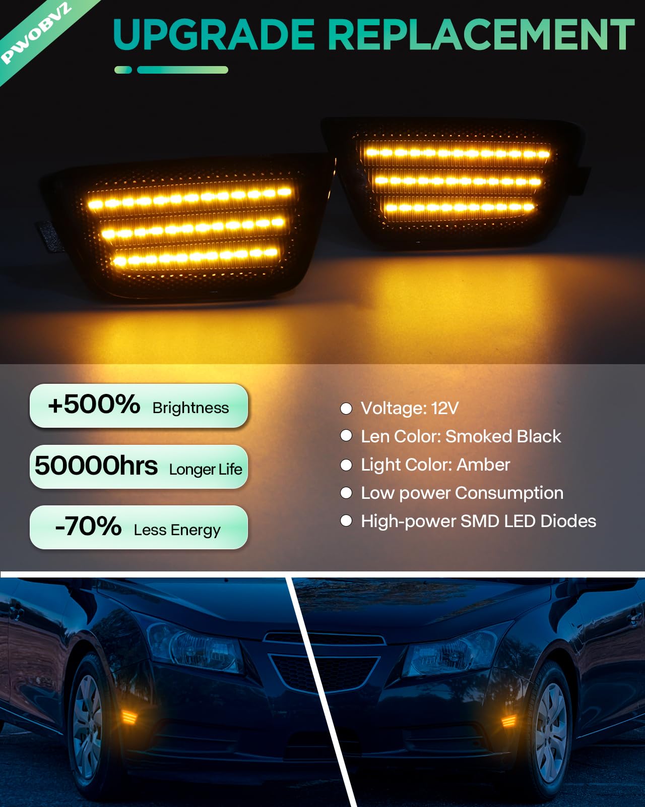 Smoked LED Side Marker Lights For 2011-2015 Chevy Cruze - White, Plug & Play