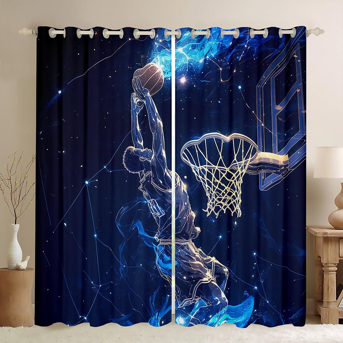 Homewish Teens Boys Basketball Blackout Curtains 46 x 72 Inch - Basketball Player Print Eyelet Curtains for Living Room Bedroom Dorm - Galaxy Blue Sports Themed Room Darkening 2 Panels โ image 1