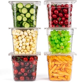 VOISEN 6 Pack Plastic Food Pan with Lids 1/6 Size 6 Inch Deep Commercial Food Storage Containers for Fridge Salad Fruits Vegetables Clear Restaurant Polycarbonate