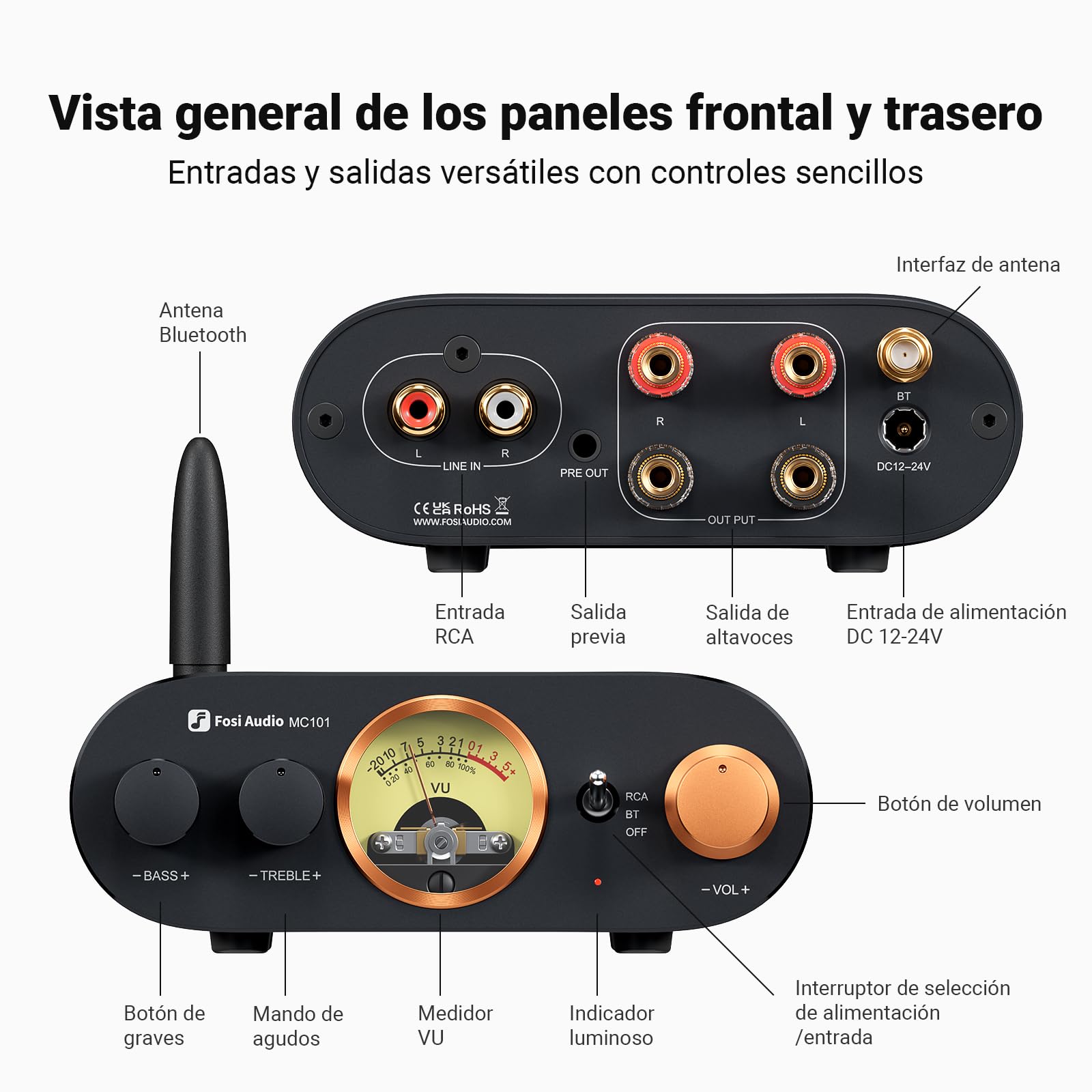 Fosi Audio MC101 Bluetooth Amplificador Estéreo Home Audio Component Mini Amp con VU Meter Receptor HiFi 2 Canales para Altavoces Pasivos con Bass Treble Tone Control Vintage All Aluminum Alloy