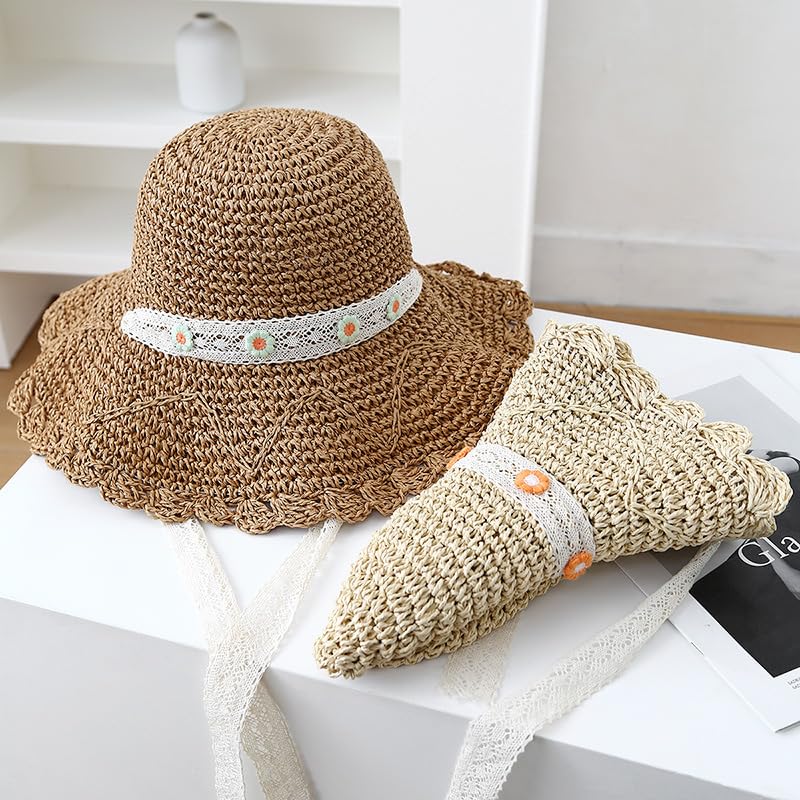 Sombrero de Verano para Mujer,con Protección UV,ala Ancha de Paja,con Encaje y Decoración Floral,Plegable,Flexible,Transpirable,para Playa,para Exteriores,Vacaciones y Viajes